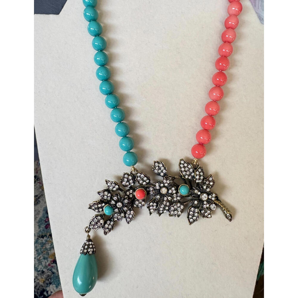 Heidi Daus Blossoming Beauty Coral and Turquoise Floral Necklace Boho Statement